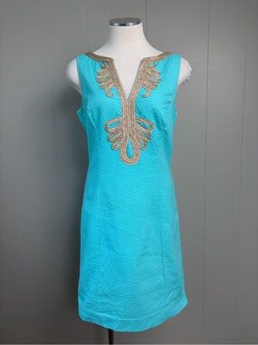 Lilly Pulitzer Size 6 Aqua Textured Cotton Shift Dress Gold Embellished